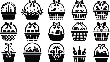 Gift basket icon set, hamper box silhouette collection, present fruit flower container, holiday surprise package.