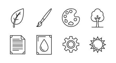 Minimalistic eco-friendly icons: nature, art, and essential tools in linear design