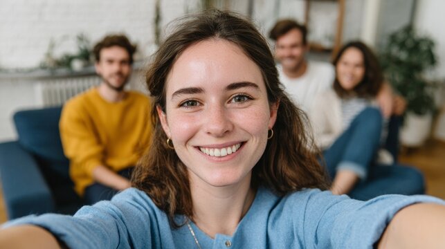 Family of four posing for a selfie in a modern living room.