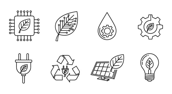 Eco-friendly technology icons: sustainable energy and green solutions in linear style