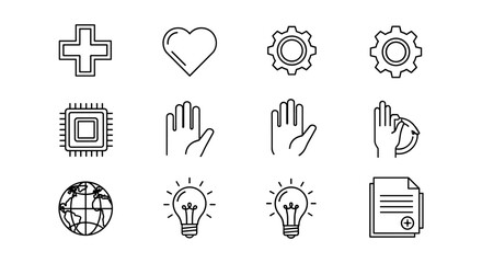 Minimalist line icons: healthcare, technology, and education essentials