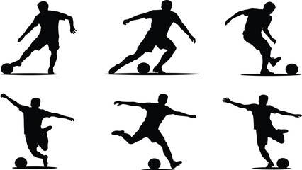 Soccer player silhouette set, football kicker action pose, athlete man vector icon, sport game black figure collection.