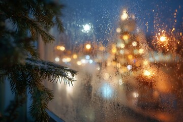 The view from inside looking out a frosty window at night, with Christmas tree lights reflected in the glass 