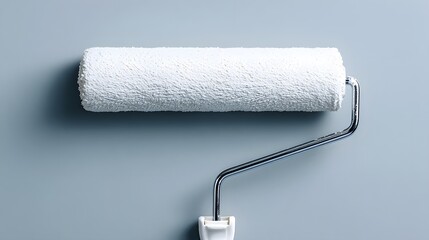 Obraz premium Clean white paint roller rests against a smooth muted blue surface