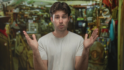 Man shrugging with hands raised and palms visible in a cluttered shop inside a building, wearing a...