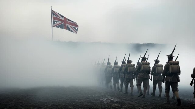 Imperial soldiers in formation navigate through thick mist