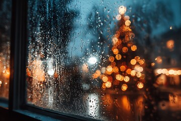 The view from inside looking out a frosty window at night, with Christmas tree lights reflected in the glass 