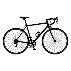 Silhouette of a sleek black road bicycle on a white background