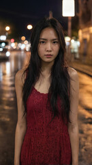 Fototapeta premium Young Woman in Red Dress Looking at Camera on Wet City Street at Night - Frontal View
