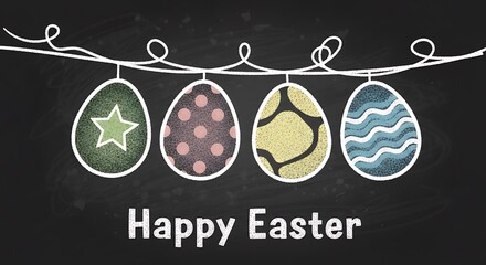 Chalkboard Happy Easter Message with Hanging Decorated Eggs