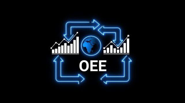OE acronym with global earth and financial bar charts in a blue neon cycle on black background Overall Equipment Effectiveness
