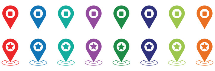 Collection of colorful location pins with various icons on white background.
