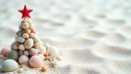 Christmas tree made of seashells on a sandy beach with a red star on top