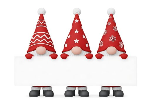 Three Cute Christmas Gnomes Holding Blank Banner Sign