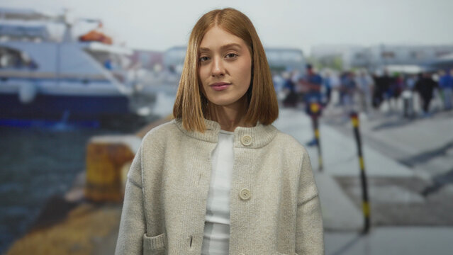 Young blonde woman holds hand on chest with a thankful expression at a seaside port; gratitude sincerity appreciation thankfulness.