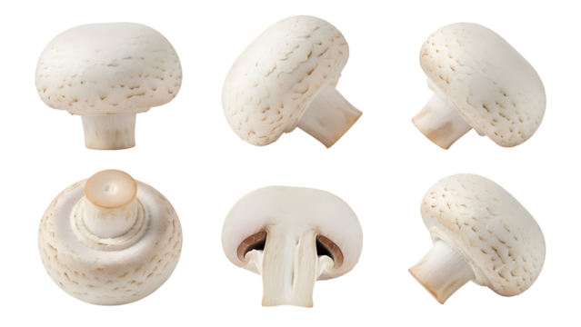 Six white button mushrooms shown from different angles on black background white mushroom