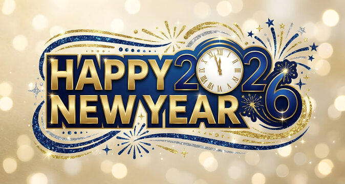 Sparkling happy new year 2026 with fireworks and clock