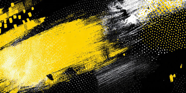 Abstract black and yellow background with a halftone effect. Stains, splashes, and paint prints. Distressed grunge background. Pop art. Street style.