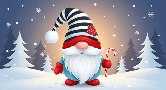 Cute Christmas Gnome Holding Candy Cane in Snowy Forest