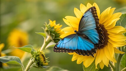 Blue butterfly resting on a bright yellow sunflower in a field with green foliage background