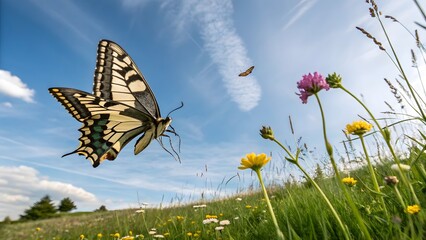 Low angle view of a swallowtail butterfly flying over a field of wildflowers on a sunny day