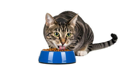 Tabby cat with green eyes eating dry food from blue bowl domestic cat feline