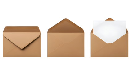 Three brown paper envelopes one closed one open one with white paper image