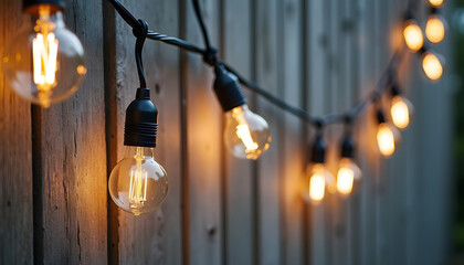 String lights illuminate a wooden fence, creating a warm and inviting ambiance.
