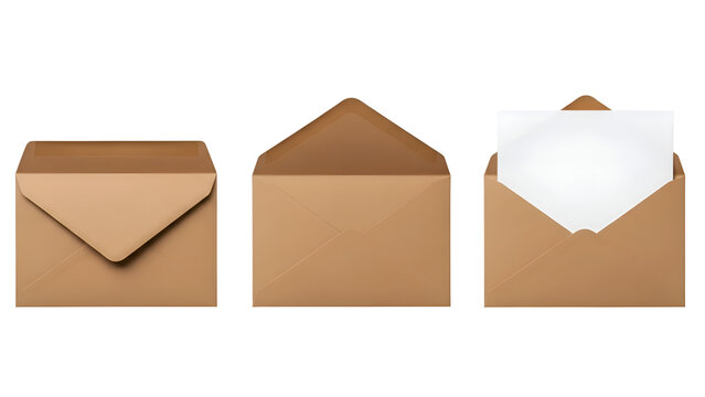 Three brown paper envelopes one closed one open one with white paper image