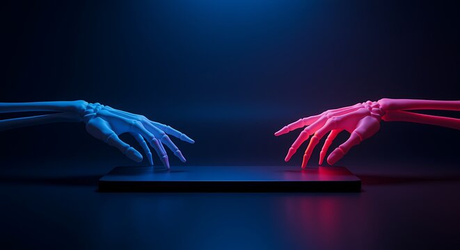 Abstract skeletal hands reaching out in a vibrant and contrasting light - Powered by Adobe