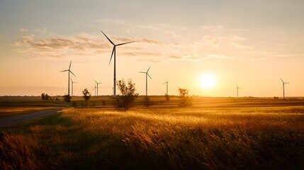 Numerous tall wind generators stand on a grassy plain during a brilliant sunset