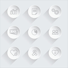 Isolated a kind of finance and charity line icons set in flat style on white circular backgrounds, vector illustration for business, health, and awareness