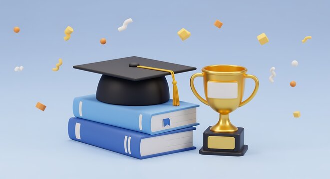 Academic success and celebration with graduation cap books and trophy