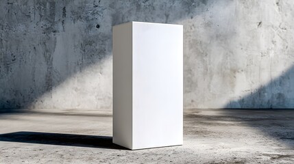 A white rectangular prism standing on a concrete floor near a wall with light