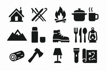 Camping adventure icons: outdoor, cooking, hiking, exploration, nature