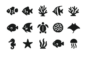 Fototapeta premium Aquatic life silhouettes: fish, coral, turtle, seahorse, starfish, jellyfish, manta ray