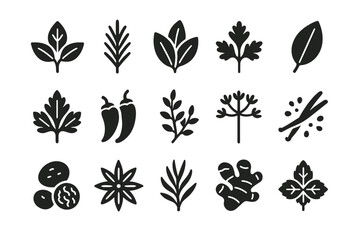 Collection of herb and spice silhouettes in black on white background