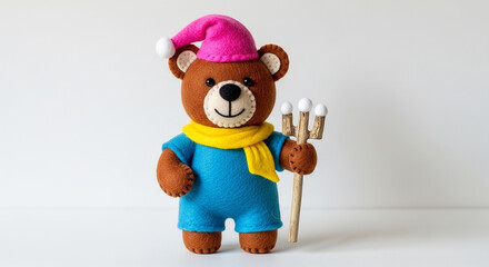 Felt teddy bear in pink Santa hat, yellow scarf, blue jumpsuit, holding trident