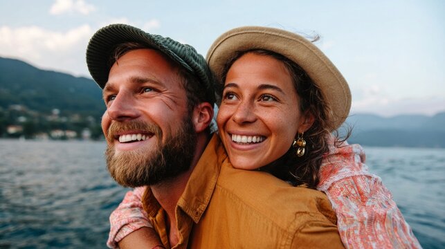 Couple enjoying a day out by the lake.