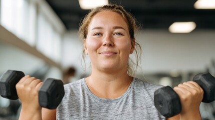 Woman lifting weights in gym.