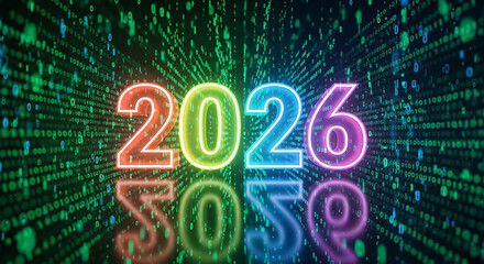 Year 2026 glowing numbers on digital binary code background