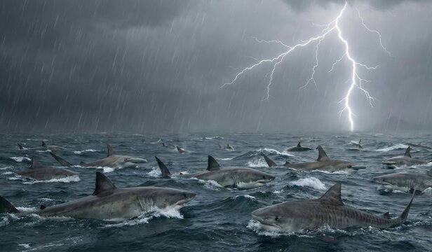 Sharks swimming at the ocean surface during a heavy rainstorm with lightning strike in the daytime