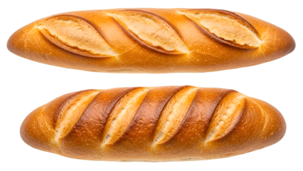 Two golden brown baked loaves of bread on black background loaf crust