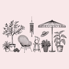 Naklejka premium Hand Drawn Garden and Patio Elements Doodle Art potted plant tree