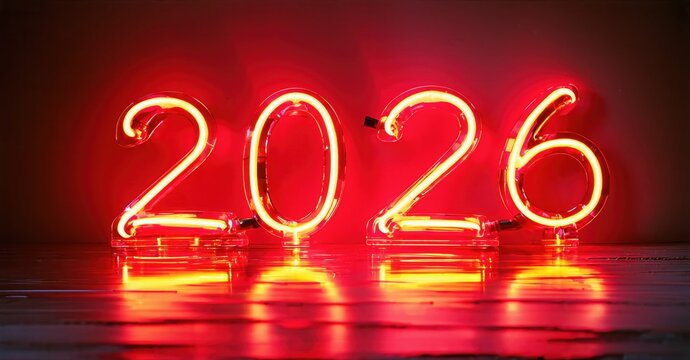 Bright neon sign displays year 2026. Red glow illuminates reflective surface. Dramatic lighting creates bold visual impact.
