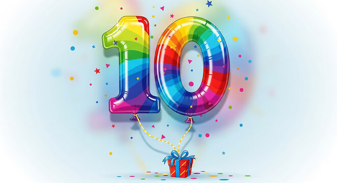 Colorful Number 10 Balloons with Gift Box and Confetti