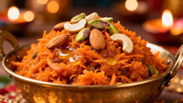 A close-up shot of traditional Gajar Ka Halwa served in a brass bowl, topped with almonds, pistachios, cashews, and a drizzle of ghee. The vibrant orange carrot dessert is captured with rich detail, c
