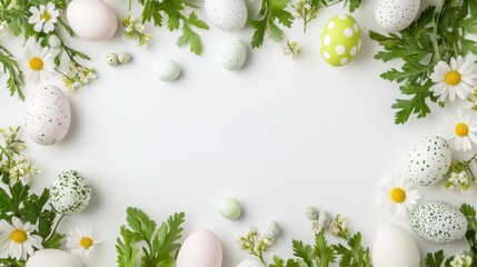 Easter frame with speckled eggs, white daisies, green leaves on white background, isolated on white background