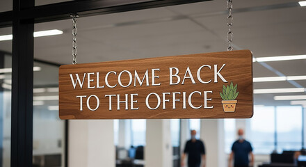 Welcome Back To The Office wooden sign hanging in modern workplace