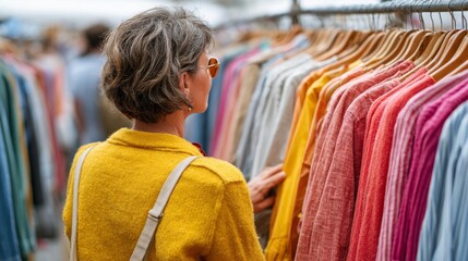 Obraz premium Woman shopping at outdoor market.